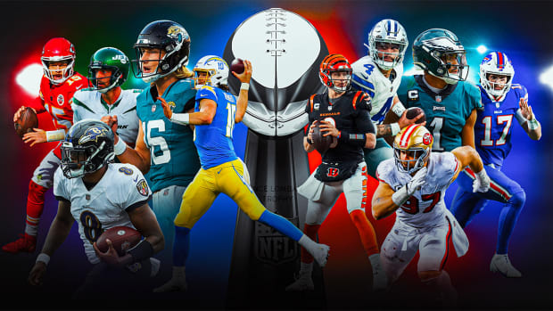 A collage with pictures of Patrick Mahomes, Lamar Jackson, Aaron Rodgers, Trevor Lawrence, Justin Herbert, Joe Burrow, Dak Prescott, Joey Bosa, Jalen Hurts and Josh Allen in front of the Lombardi Trophy.